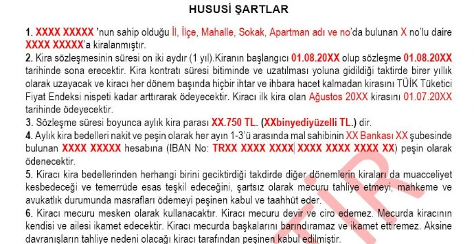 Örnek Kira Sözleşmesi Hususi Şartlar