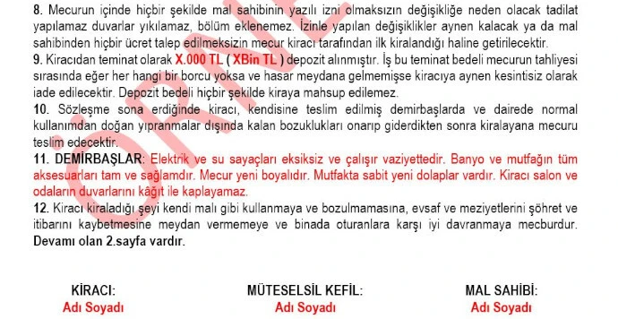 Örnek Kira Sözleşmesi Hususi Şartlar (Devam)