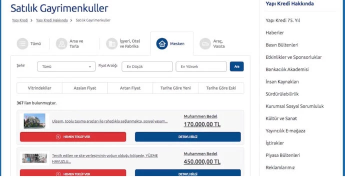 Yapı Kredi Bankası Gayrimenkul Satış Sayfası