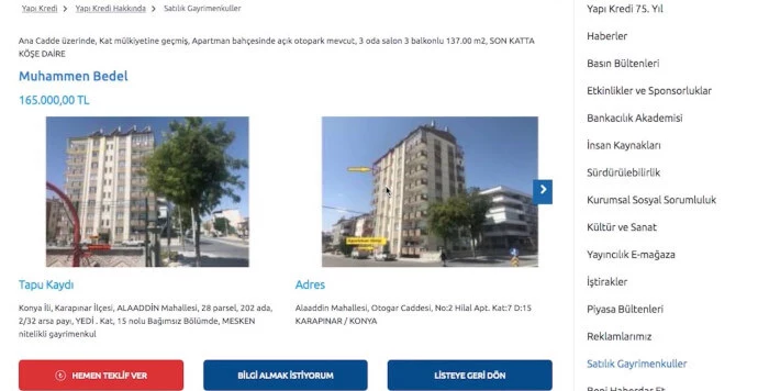 Yapı Kredi Bankası Gayrimenkul Satış İlan Sayfası