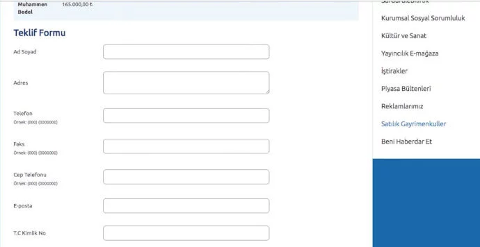 Yapı Kredi Gayrimenkul Satış Teklif Formu